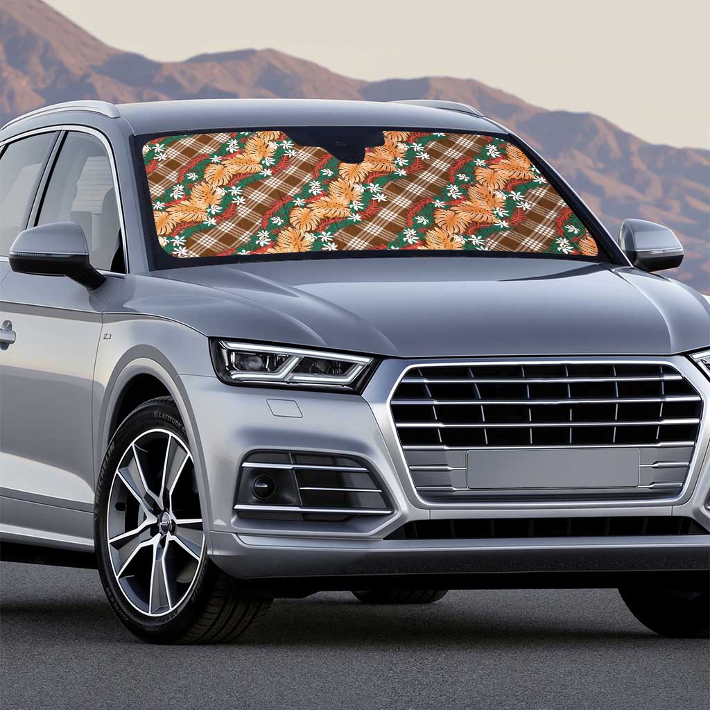 Polynesian Monstera Tiare Floral Auto Sun Shade Chocolate Brown Tropical Plaid - Polynesian Pride