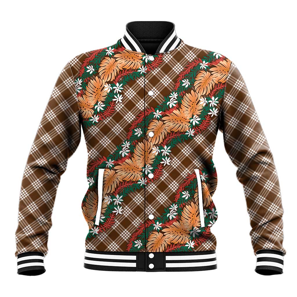 Polynesian Monstera Tiare Floral Baseball Jacket Chocolate Brown Tropical Plaid LT01 Unisex Brown - Polynesian Pride