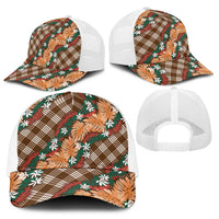 Polynesian Monstera Tiare Floral Baseball Net Cap Chocolate Brown Tropical Plaid - Polynesian Pride