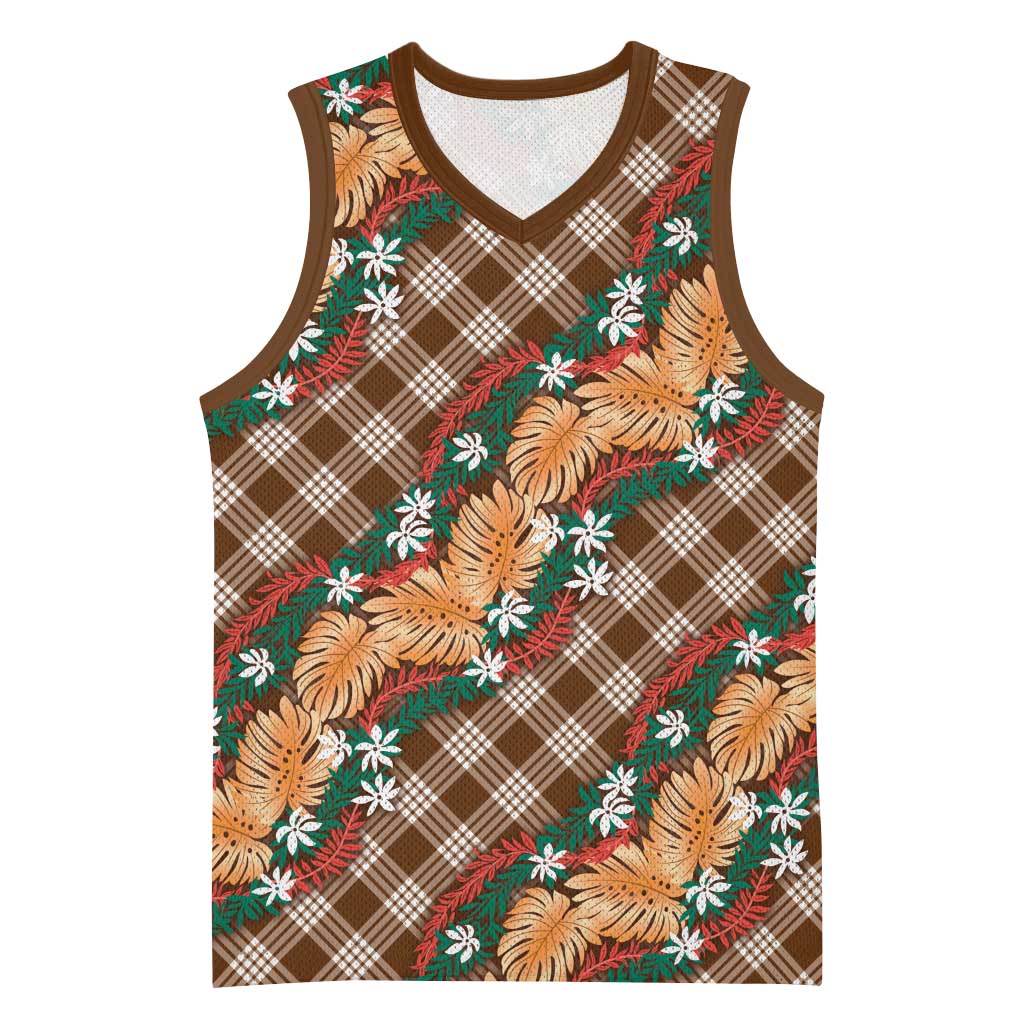 Polynesian Monstera Tiare Floral Basketball Jersey Chocolate Brown Tropical Plaid LT01 Unisex Brown - Polynesian Pride