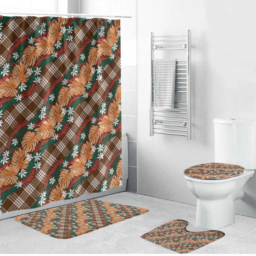 Polynesian Monstera Tiare Floral Bathroom Set Chocolate Brown Tropical Plaid - Polynesian Pride
