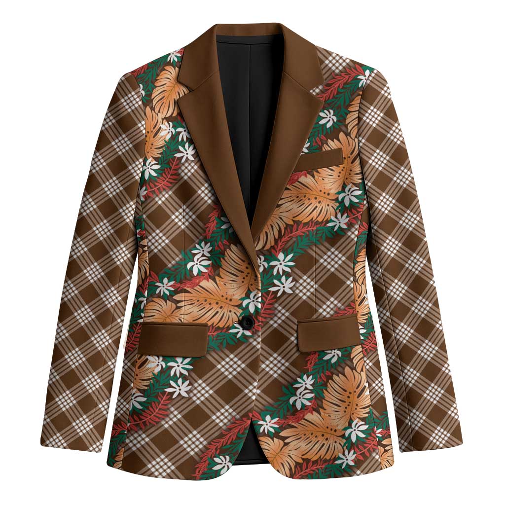Polynesian Monstera Tiare Floral Blazer Chocolate Brown Tropical Plaid - Polynesian Pride