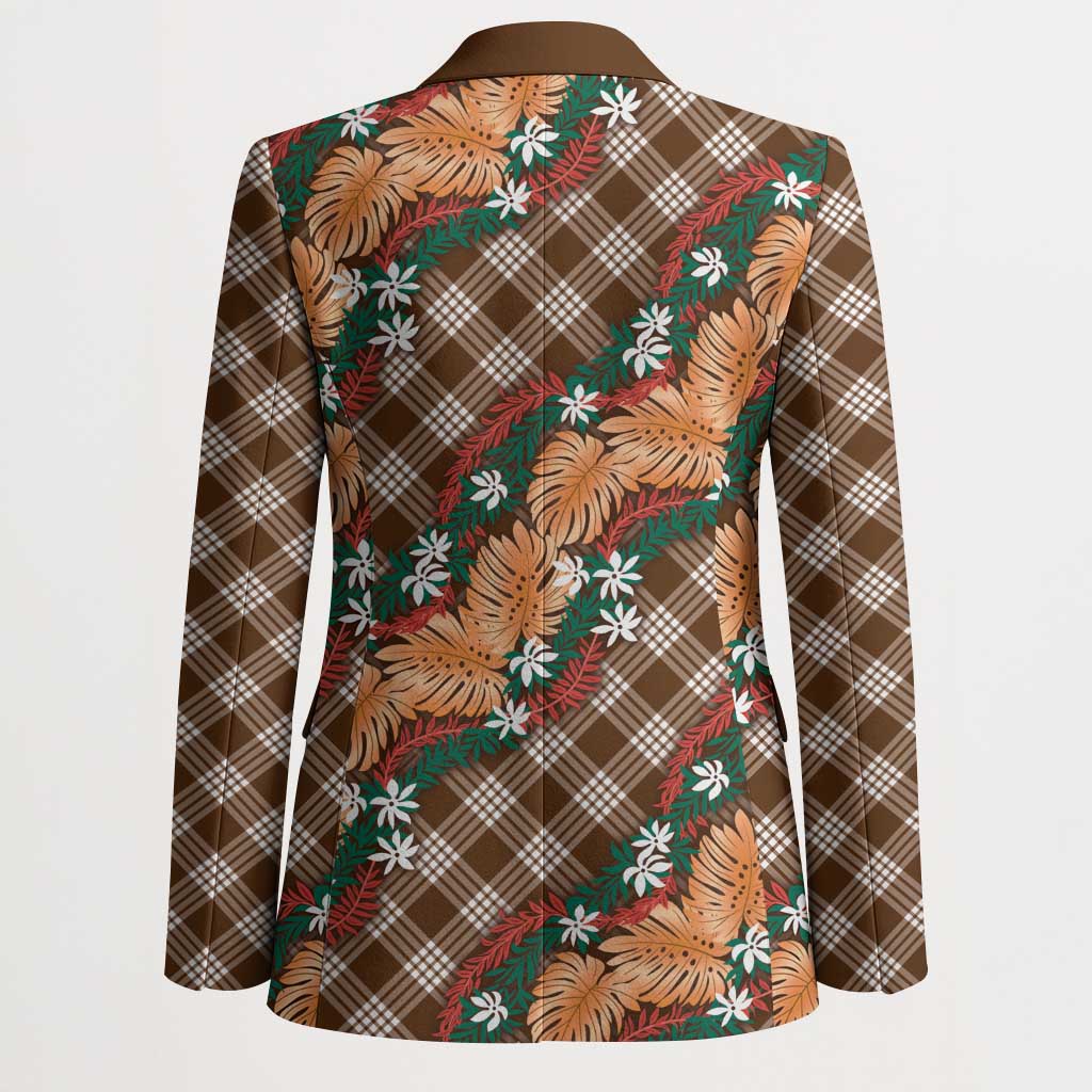 Polynesian Monstera Tiare Floral Blazer Chocolate Brown Tropical Plaid - Polynesian Pride