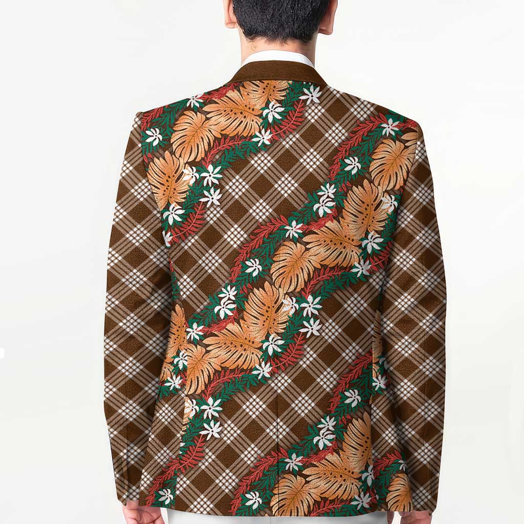 Polynesian Monstera Tiare Floral Blazer Chocolate Brown Tropical Plaid - Polynesian Pride