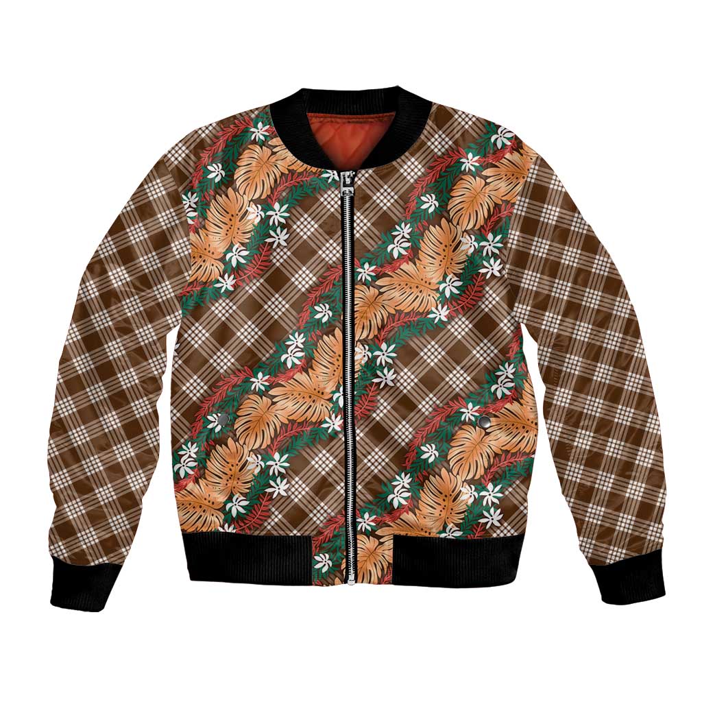 Polynesian Monstera Tiare Floral Bomber Jacket Chocolate Brown Tropical Plaid - Polynesian Pride