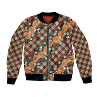 Polynesian Monstera Tiare Floral Bomber Jacket Chocolate Brown Tropical Plaid - Polynesian Pride