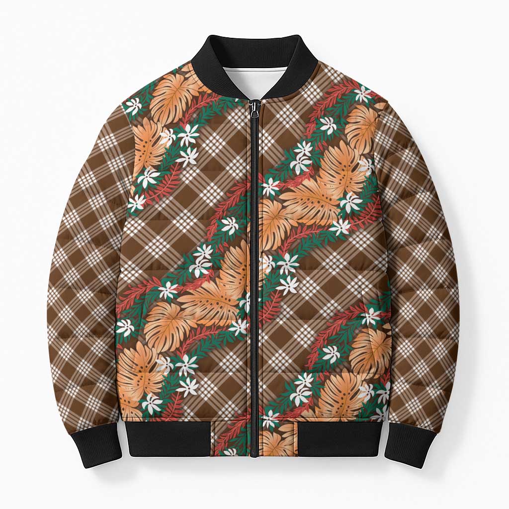 Polynesian Monstera Tiare Floral Bomber Puffer Jacket Chocolate Brown Tropical Plaid LT01 Unisex Brown - Polynesian Pride