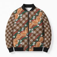 Polynesian Monstera Tiare Floral Bomber Puffer Jacket Chocolate Brown Tropical Plaid LT01 Unisex Brown - Polynesian Pride