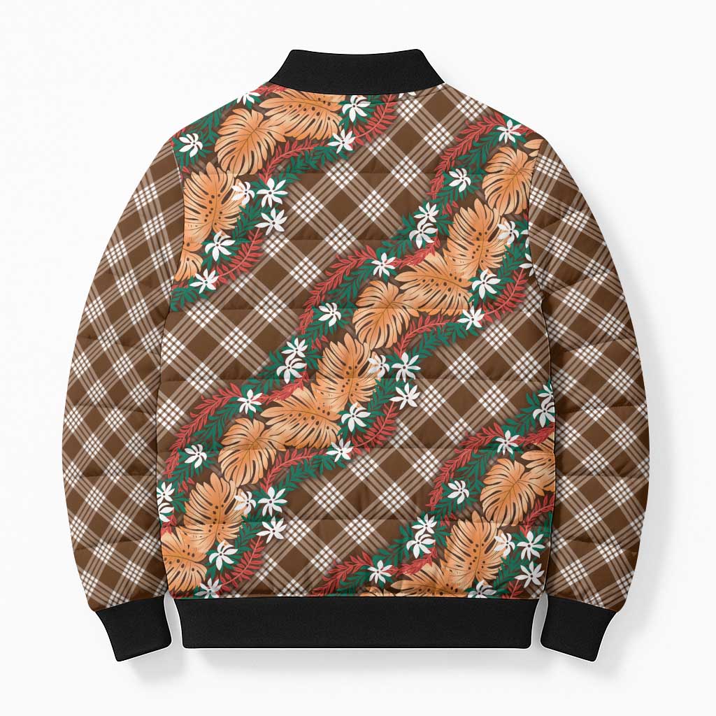 Polynesian Monstera Tiare Floral Bomber Puffer Jacket Chocolate Brown Tropical Plaid LT01 - Polynesian Pride