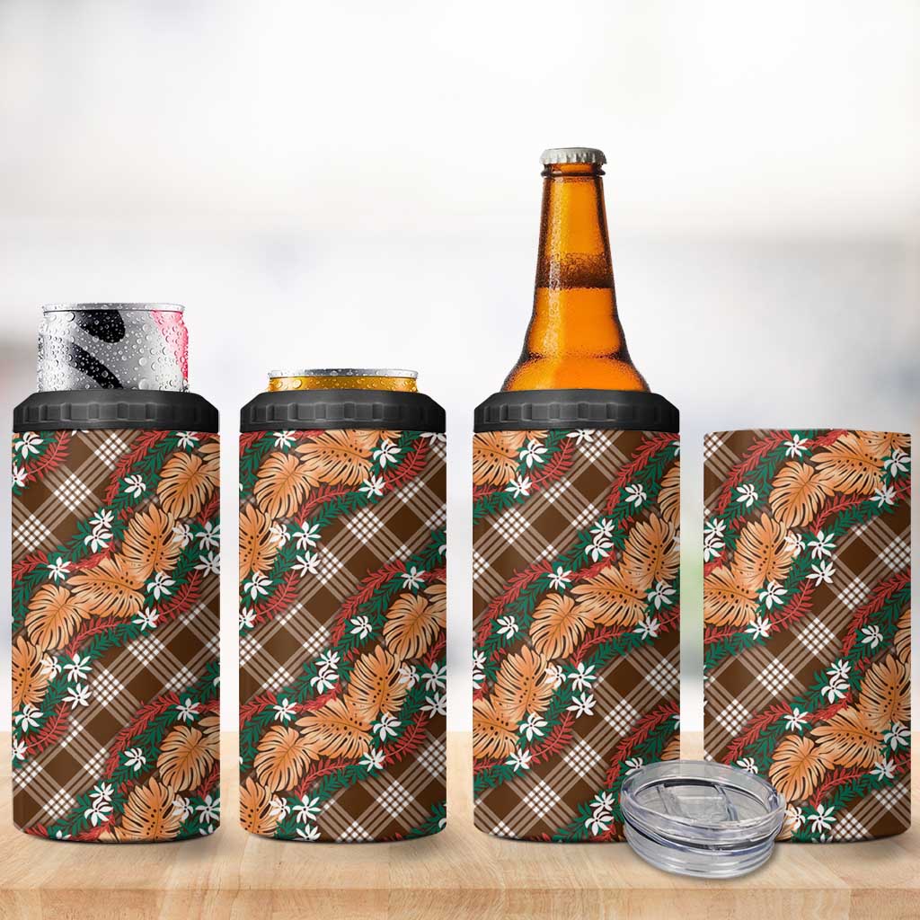 Polynesian Monstera Tiare Floral 4 in 1 Can Cooler Tumbler Chocolate Brown Tropical Plaid LT01 - Polynesian Pride