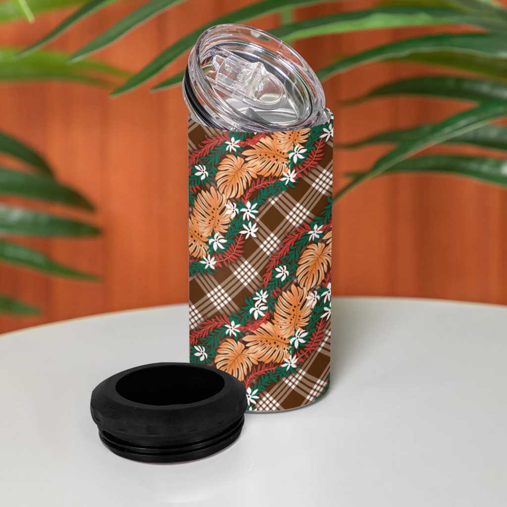 Polynesian Monstera Tiare Floral 4 in 1 Can Cooler Tumbler Chocolate Brown Tropical Plaid LT01 - Polynesian Pride