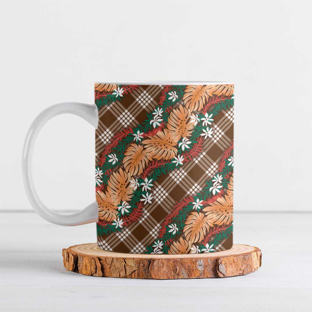 Polynesian Monstera Tiare Floral Ceramic Mug Chocolate Brown Tropical Plaid LT01 Brown - Polynesian Pride