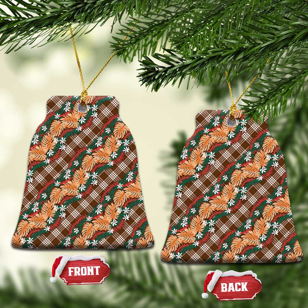 Polynesian Monstera Tiare Floral Ceramic Ornament Chocolate Brown Tropical Plaid LT01 Bell Flake Brown - Polynesian Pride