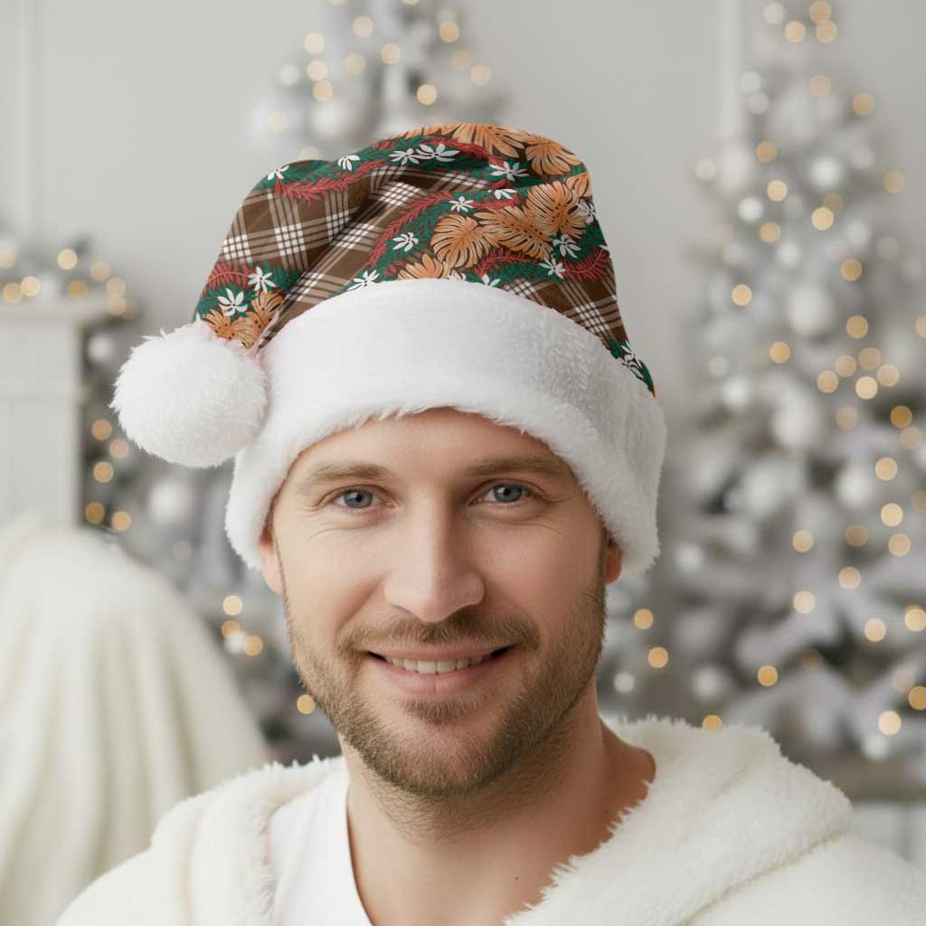 Polynesian Monstera Tiare Floral Christmas Santa Hat Chocolate Brown Tropical Plaid - Polynesian Pride