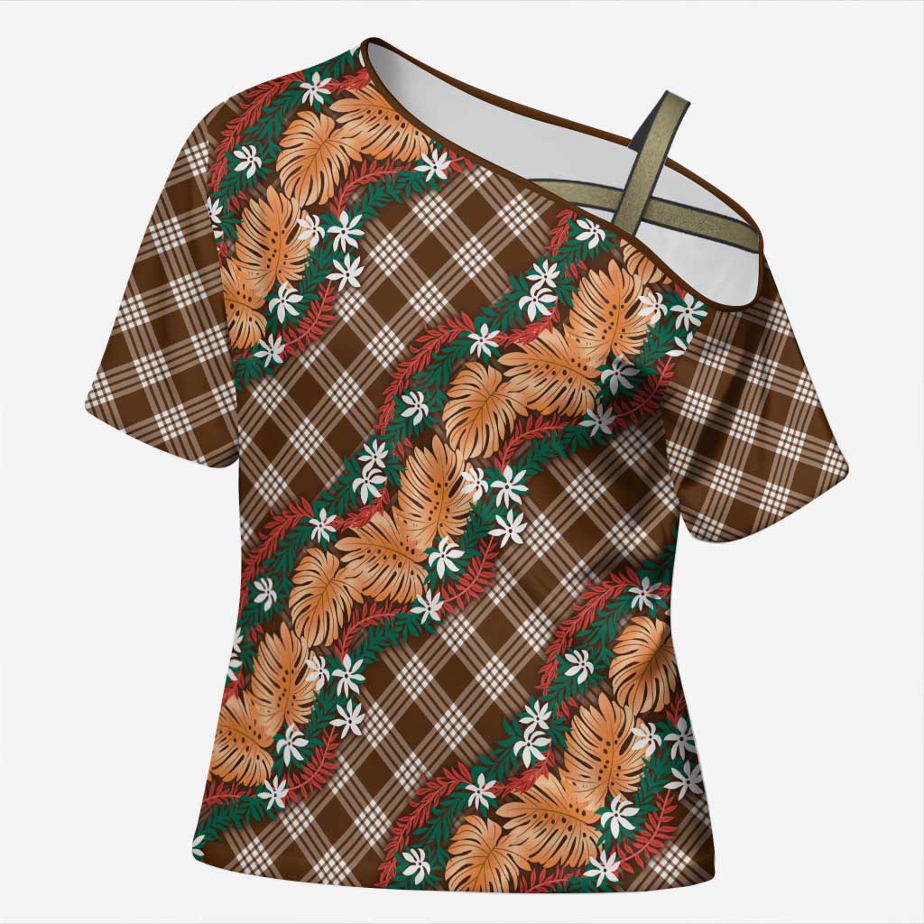 Polynesian Monstera Tiare Floral Cross Shoulder Shirt Chocolate Brown Tropical Plaid LT01 Female Brown - Polynesian Pride