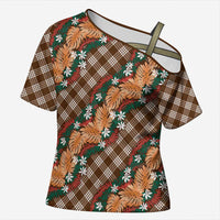 Polynesian Monstera Tiare Floral Cross Shoulder Shirt Chocolate Brown Tropical Plaid LT01 Female Brown - Polynesian Pride