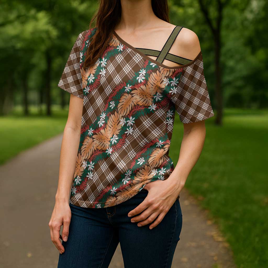 Polynesian Monstera Tiare Floral Cross Shoulder Shirt Chocolate Brown Tropical Plaid LT01 - Polynesian Pride