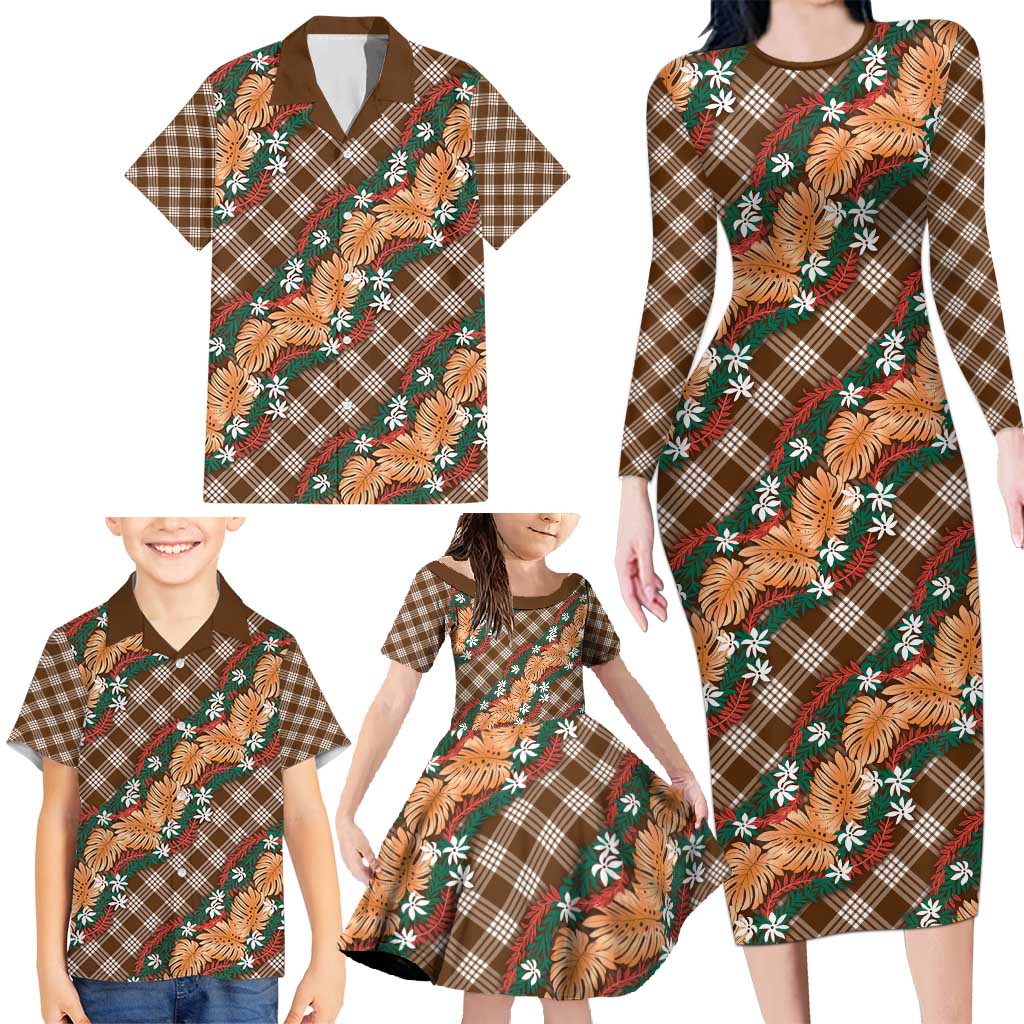 Polynesian Monstera Tiare Floral Family Matching Long Sleeve Bodycon Dress and Hawaiian Shirt Chocolate Brown Tropical Plaid - Polynesian Pride