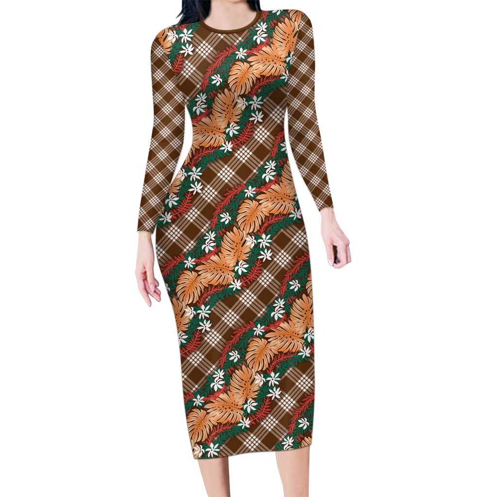 Polynesian Monstera Tiare Floral Family Matching Long Sleeve Bodycon Dress and Hawaiian Shirt Chocolate Brown Tropical Plaid - Polynesian Pride