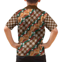 Polynesian Monstera Tiare Floral Family Matching Off The Shoulder Long Sleeve Dress and Hawaiian Shirt Chocolate Brown Tropical Plaid - Polynesian Pride