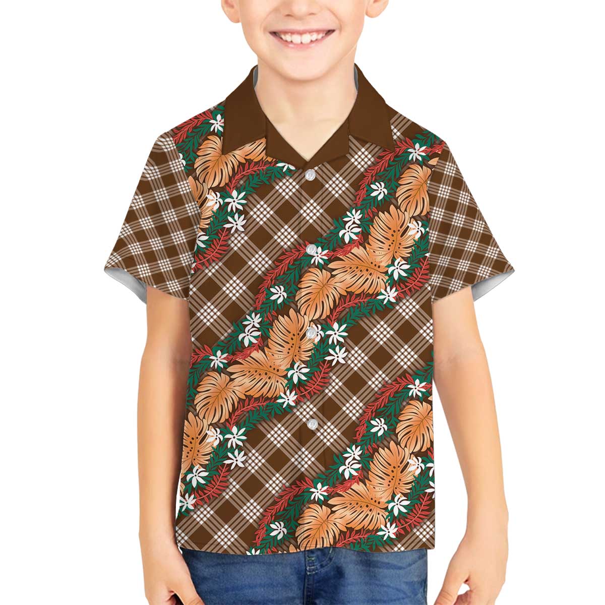 Polynesian Monstera Tiare Floral Family Matching Off The Shoulder Long Sleeve Dress and Hawaiian Shirt Chocolate Brown Tropical Plaid - Polynesian Pride