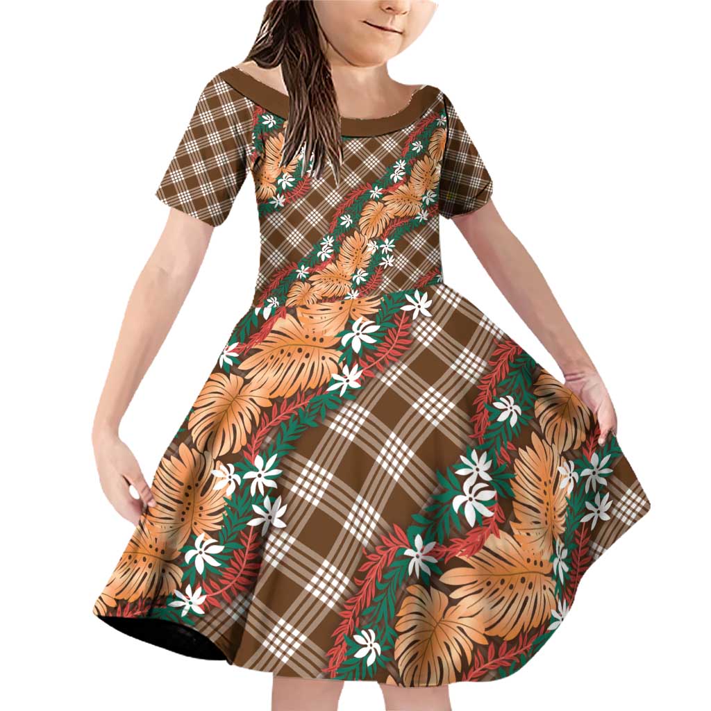Polynesian Monstera Tiare Floral Family Matching Off Shoulder Short Dress and Hawaiian Shirt Chocolate Brown Tropical Plaid - Polynesian Pride