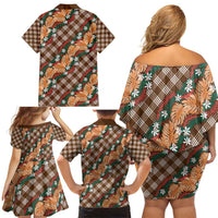 Polynesian Monstera Tiare Floral Family Matching Off Shoulder Short Dress and Hawaiian Shirt Chocolate Brown Tropical Plaid - Polynesian Pride