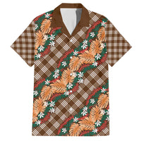Polynesian Monstera Tiare Floral Family Matching Off Shoulder Short Dress and Hawaiian Shirt Chocolate Brown Tropical Plaid - Polynesian Pride