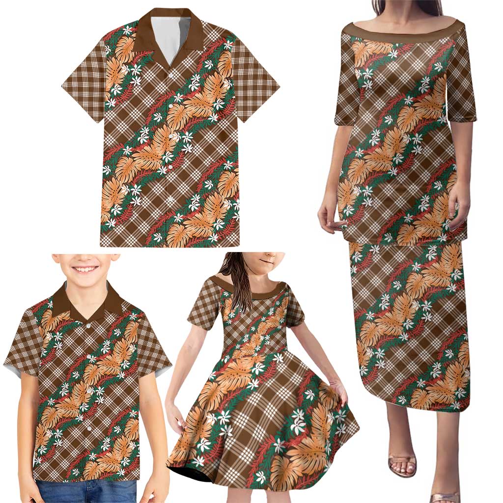 Polynesian Monstera Tiare Floral Family Matching Puletasi and Hawaiian Shirt Chocolate Brown Tropical Plaid LT01 - Polynesian Pride