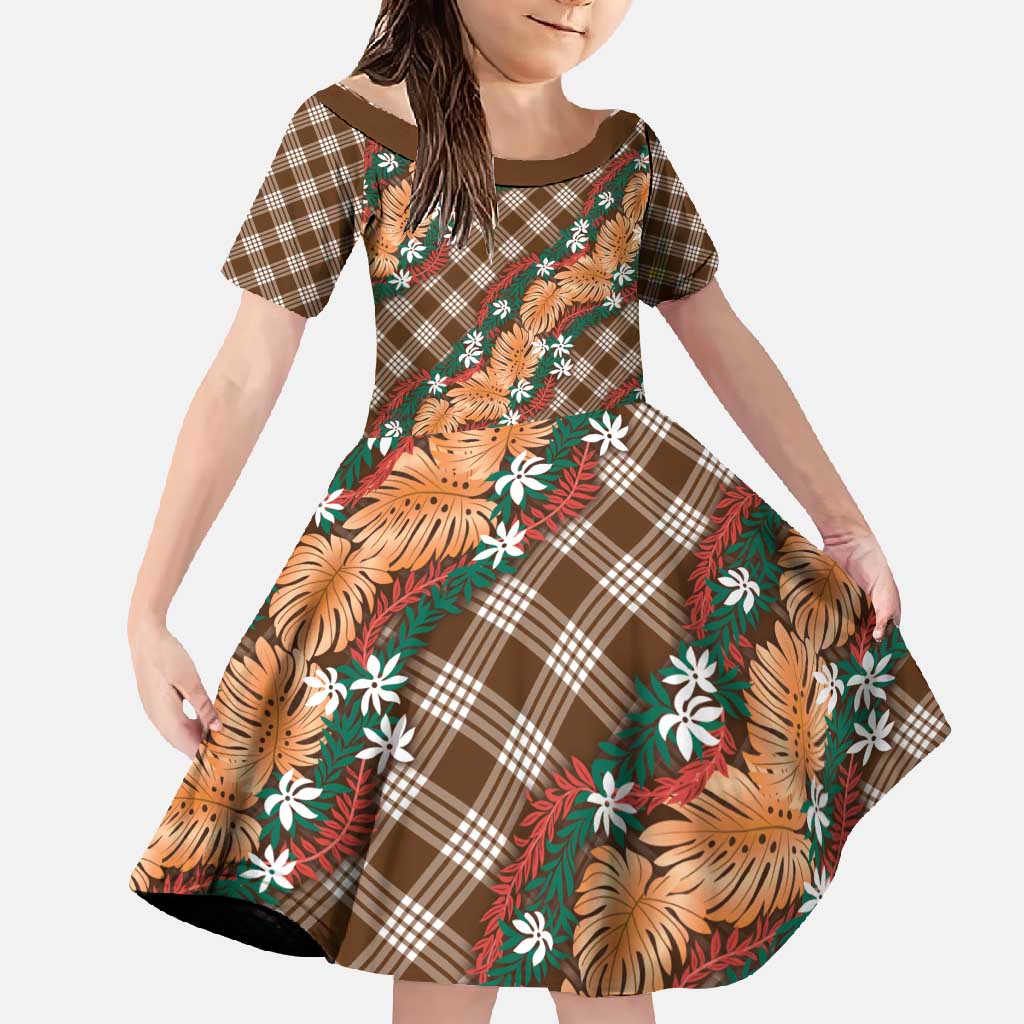 Polynesian Monstera Tiare Floral Family Matching Short Sleeve Bodycon Dress and Hawaiian Shirt Chocolate Brown Tropical Plaid - Polynesian Pride