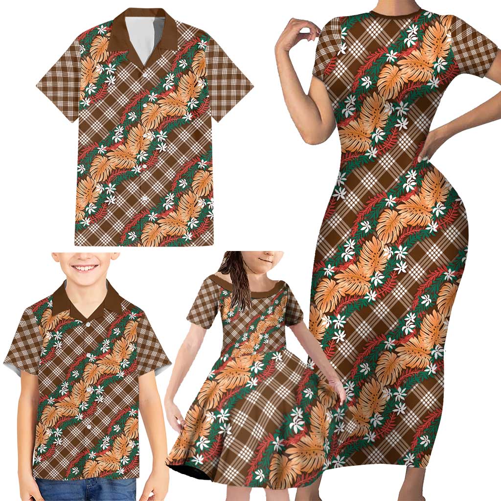 Polynesian Monstera Tiare Floral Family Matching Short Sleeve Bodycon Dress and Hawaiian Shirt Chocolate Brown Tropical Plaid - Polynesian Pride