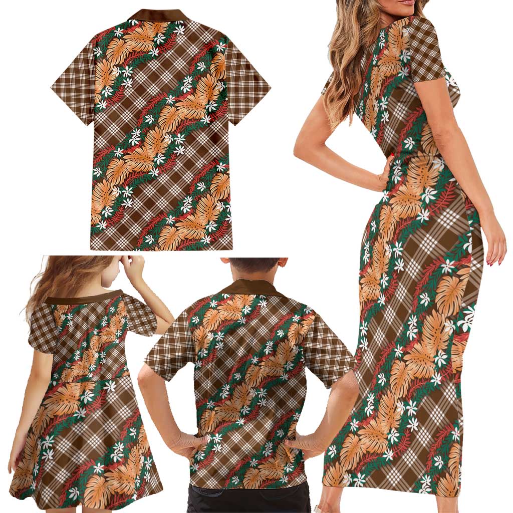 Polynesian Monstera Tiare Floral Family Matching Short Sleeve Bodycon Dress and Hawaiian Shirt Chocolate Brown Tropical Plaid - Polynesian Pride