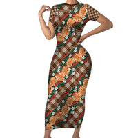 Polynesian Monstera Tiare Floral Family Matching Short Sleeve Bodycon Dress and Hawaiian Shirt Chocolate Brown Tropical Plaid - Polynesian Pride