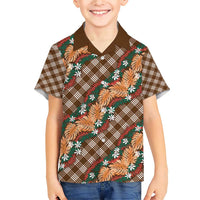 Polynesian Monstera Tiare Floral Family Matching Short Sleeve Bodycon Dress and Hawaiian Shirt Chocolate Brown Tropical Plaid - Polynesian Pride