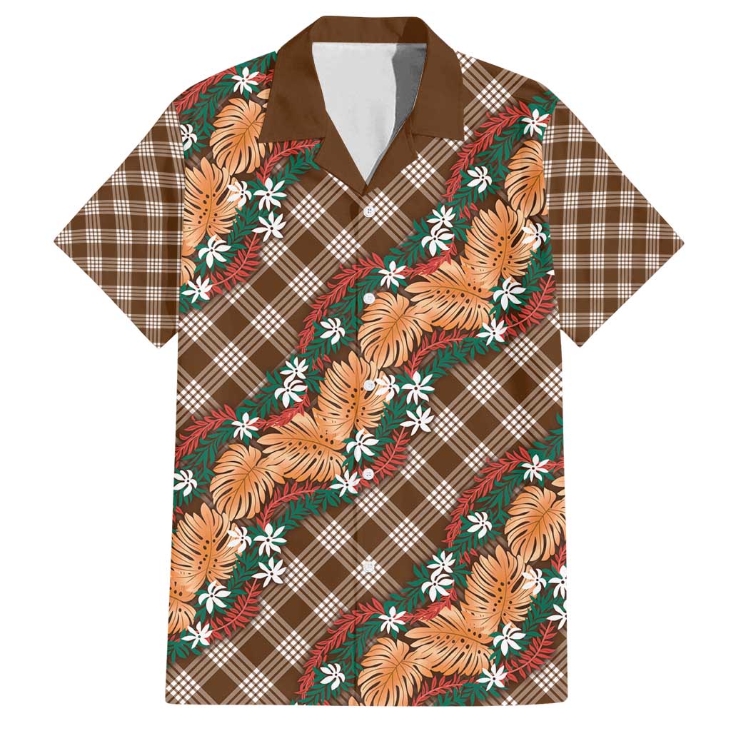 Polynesian Monstera Tiare Floral Family Matching Summer Maxi Dress and Hawaiian Shirt Chocolate Brown Tropical Plaid - Polynesian Pride