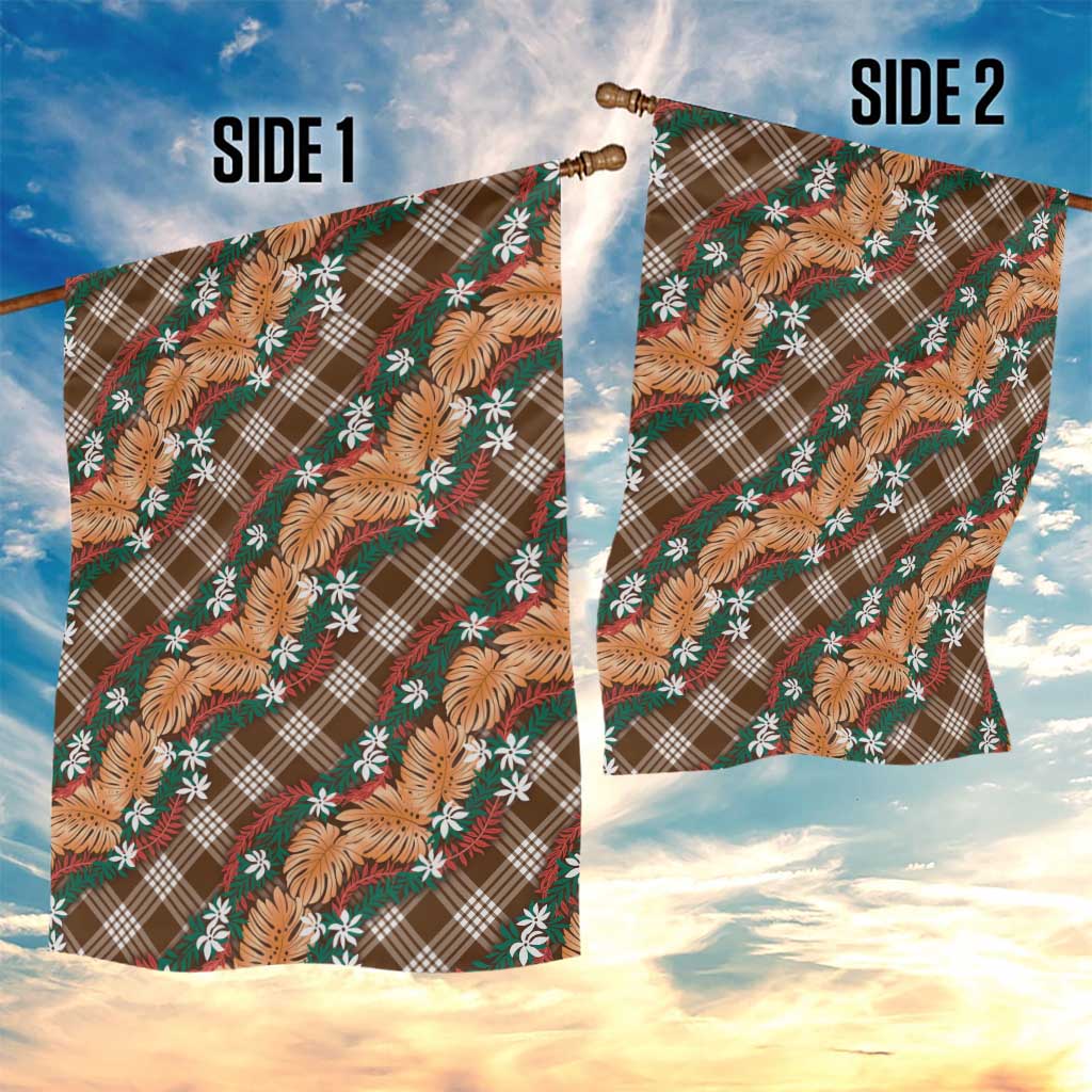 Polynesian Monstera Tiare Floral Garden Flag Chocolate Brown Tropical Plaid - Polynesian Pride