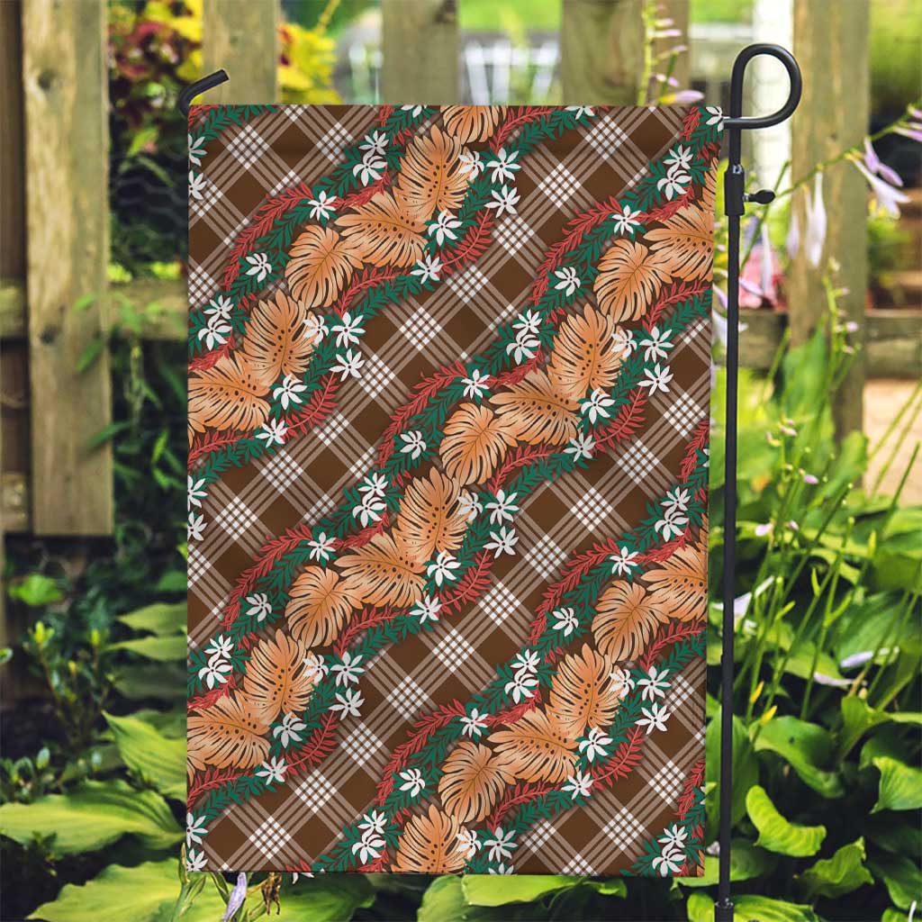 Polynesian Monstera Tiare Floral Garden Flag Chocolate Brown Tropical Plaid - Polynesian Pride