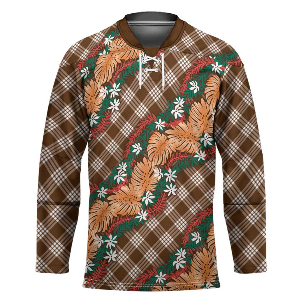 Polynesian Monstera Tiare Floral Hockey Jersey Chocolate Brown Tropical Plaid - Polynesian Pride