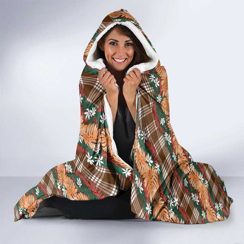 Polynesian Monstera Tiare Floral Hooded Blanket Chocolate Brown Tropical Plaid LT01 - Polynesian Pride