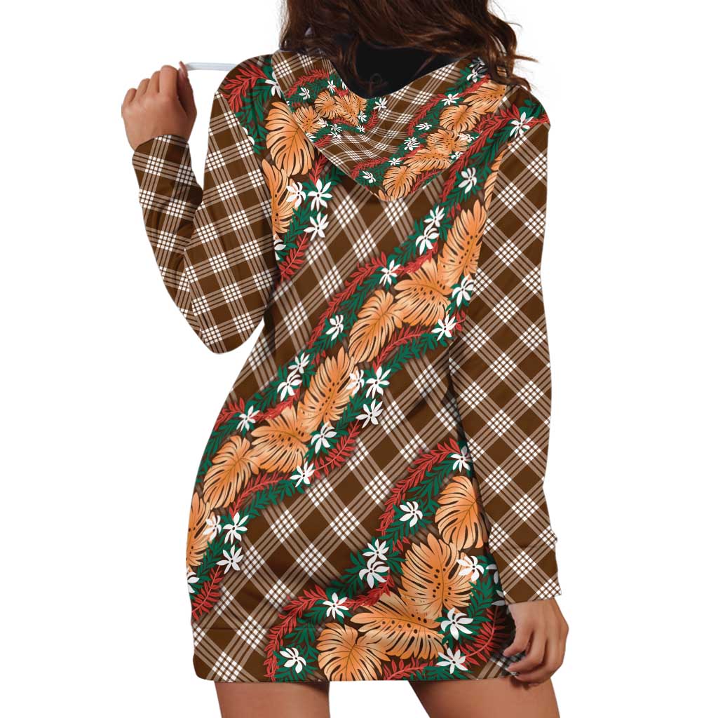 Polynesian Monstera Tiare Floral Hoodie Dress Chocolate Brown Tropical Plaid LT01 - Polynesian Pride