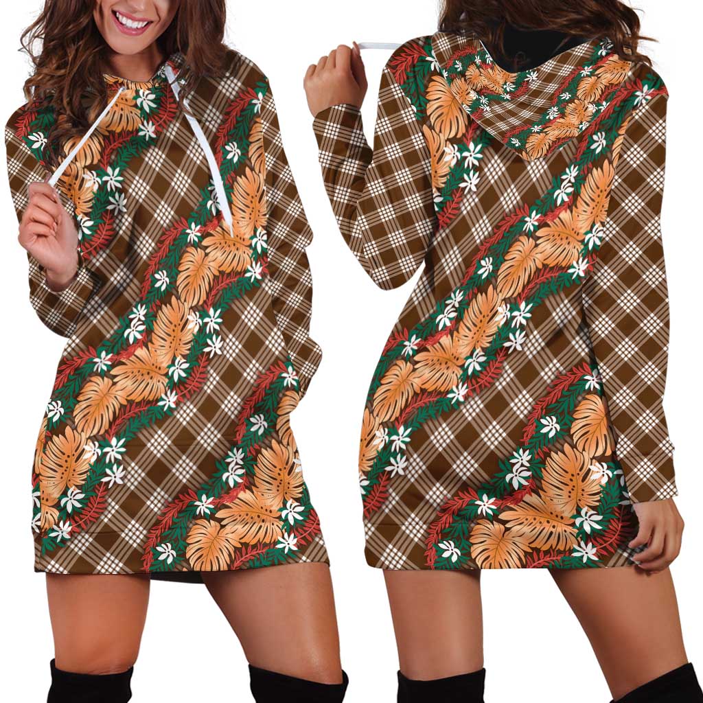 Polynesian Monstera Tiare Floral Hoodie Dress Chocolate Brown Tropical Plaid LT01 - Polynesian Pride