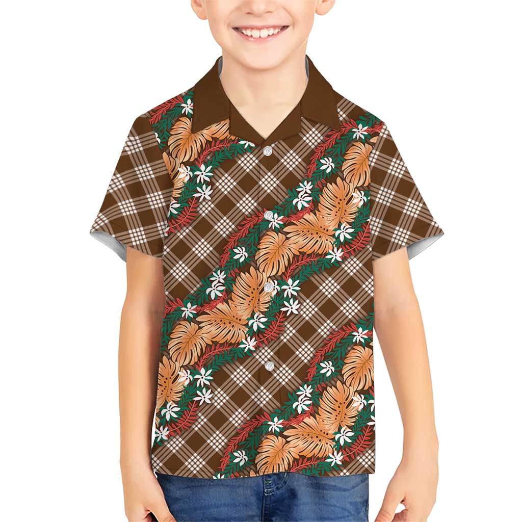 Polynesian Monstera Tiare Floral Kid Hawaiian Shirt Chocolate Brown Tropical Plaid LT01 Kid Brown - Polynesian Pride
