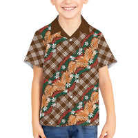 Polynesian Monstera Tiare Floral Kid Hawaiian Shirt Chocolate Brown Tropical Plaid LT01 Kid Brown - Polynesian Pride