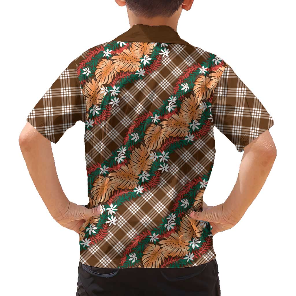 Polynesian Monstera Tiare Floral Kid Hawaiian Shirt Chocolate Brown Tropical Plaid LT01 - Polynesian Pride