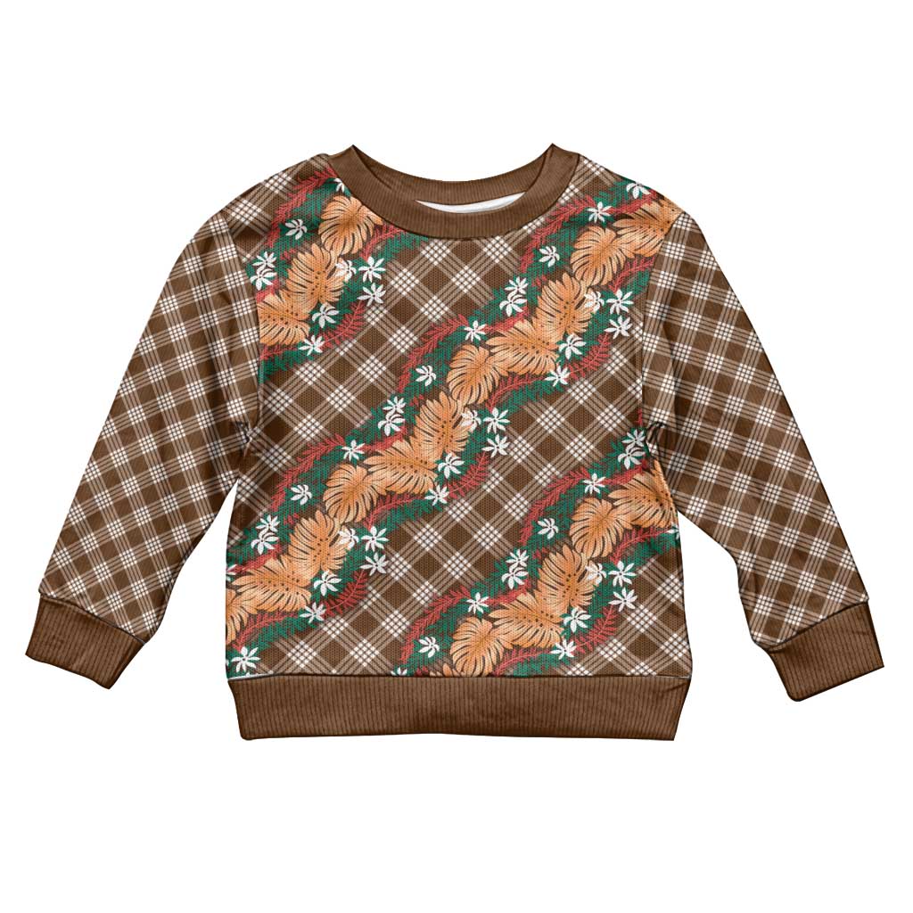 Polynesian Monstera Tiare Floral Kid Ugly Christmas Sweater Chocolate Brown Tropical Plaid LT01 Kid Brown - Polynesian Pride