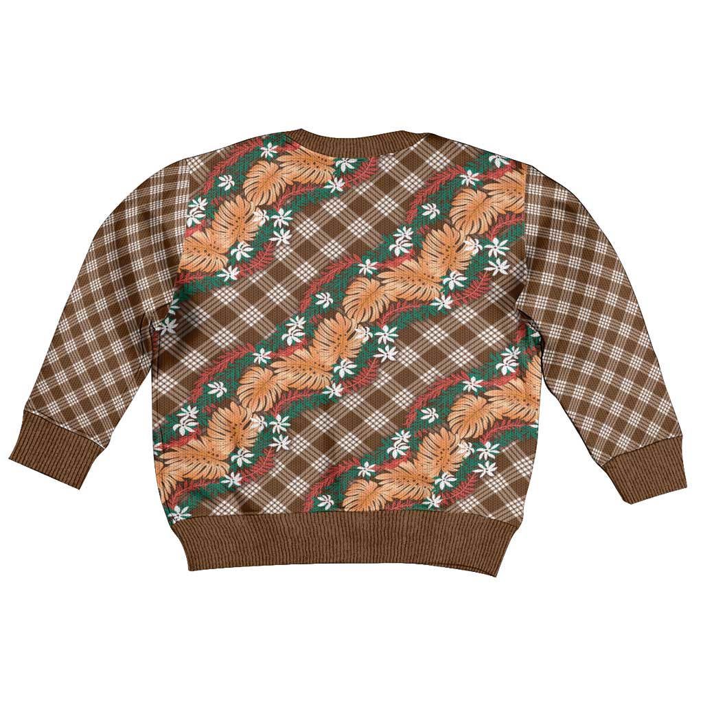 Polynesian Monstera Tiare Floral Kid Ugly Christmas Sweater Chocolate Brown Tropical Plaid LT01 - Polynesian Pride