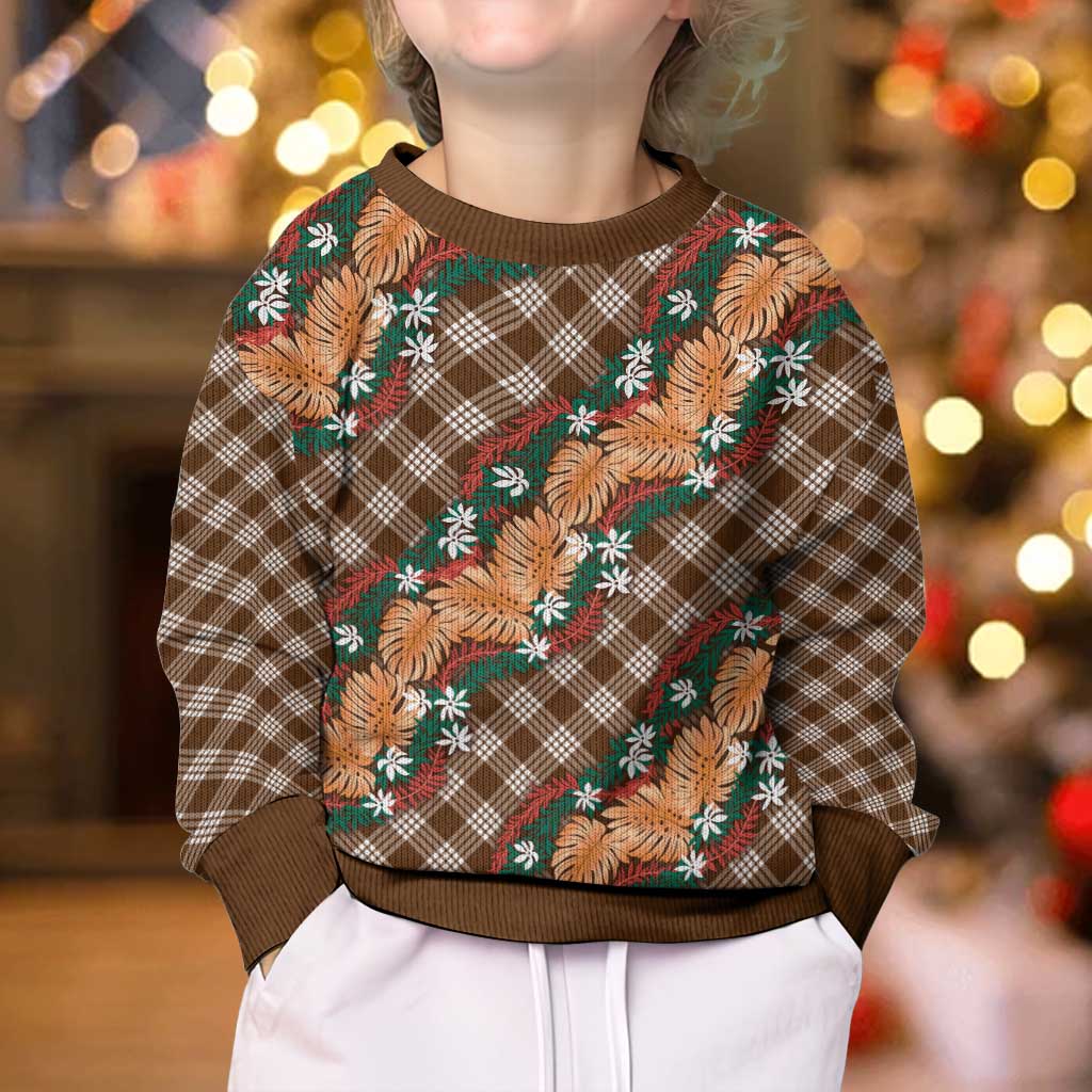 Polynesian Monstera Tiare Floral Kid Ugly Christmas Sweater Chocolate Brown Tropical Plaid LT01 - Polynesian Pride
