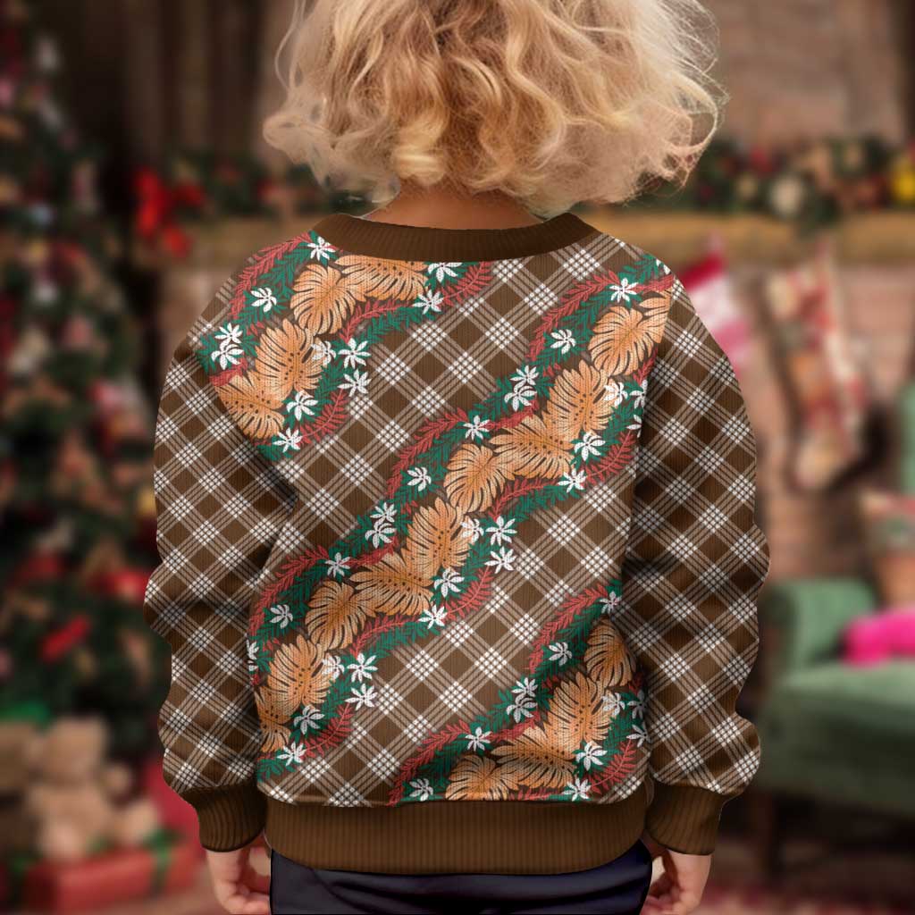 Polynesian Monstera Tiare Floral Kid Ugly Christmas Sweater Chocolate Brown Tropical Plaid LT01 - Polynesian Pride