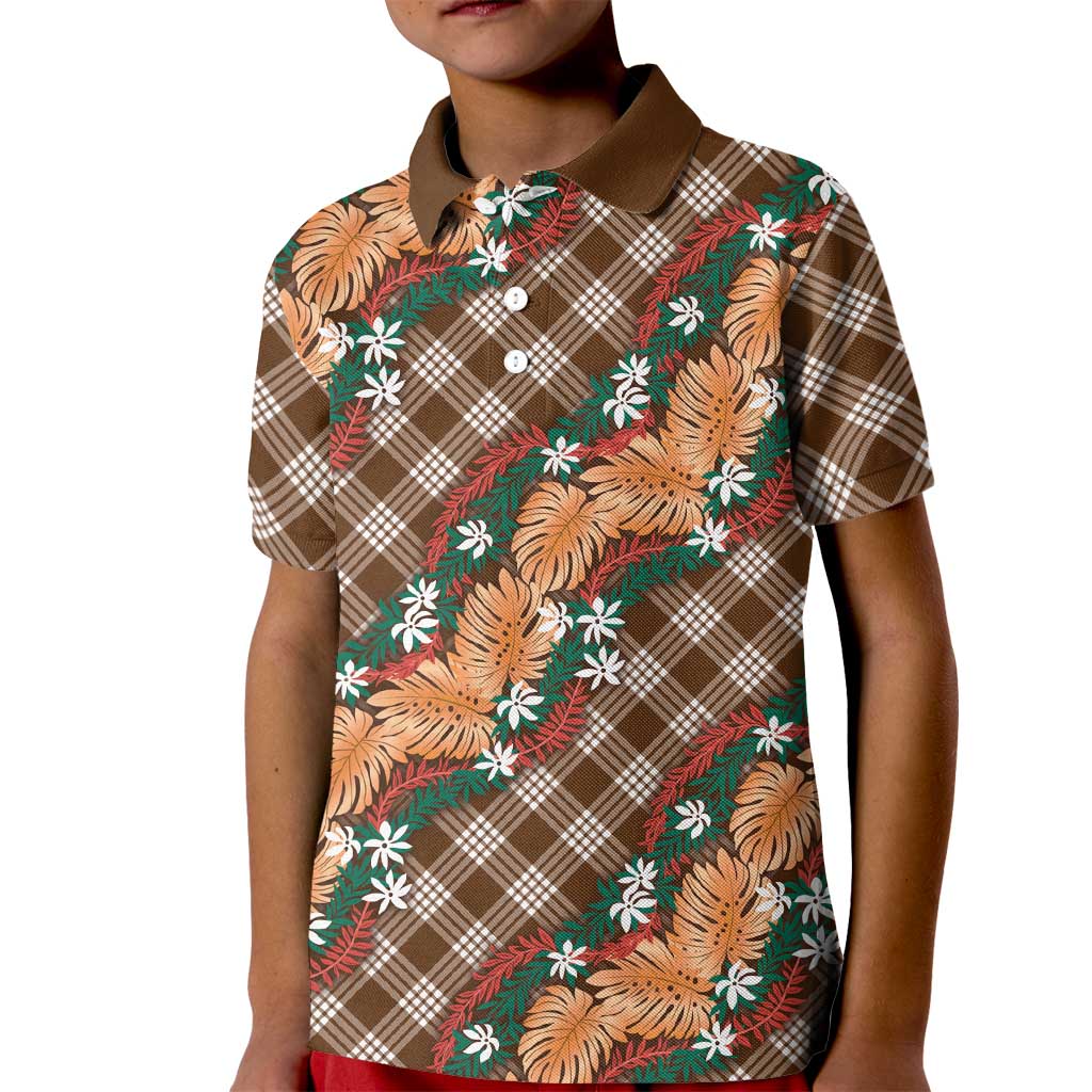 Polynesian Monstera Tiare Floral Kid Polo Shirt Chocolate Brown Tropical Plaid LT01 Kid Brown - Polynesian Pride