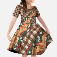 Polynesian Monstera Tiare Floral Kid Short Sleeve Dress Chocolate Brown Tropical Plaid LT01 KID Brown - Polynesian Pride
